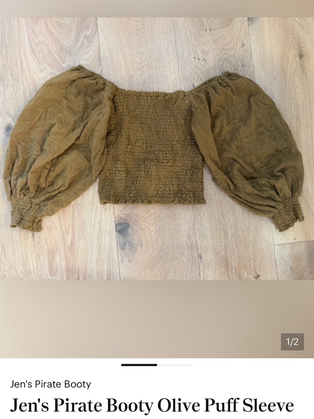 Jen's Pirate Booty off the shoulder, Olive Green Smocked Puff Sleeve Crop Top